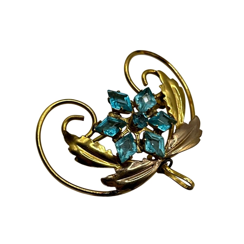 Vintage Blue Rhinestone Flower Brooch Pendant Gold Tone Two Tone Leaf Scroll